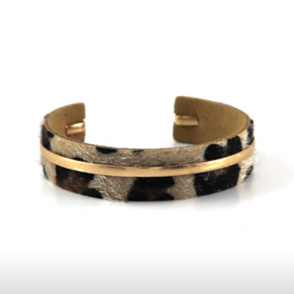 Burnish Gold Leopard Leather Open Cuff Bracelet